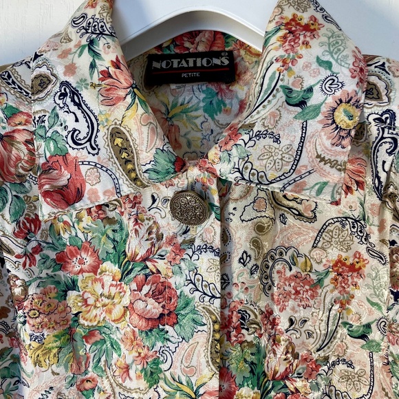 Size M 90's Floral Silk-Look Long Sleeve Blouse with Shoulder Pads - Picture 4 of 8